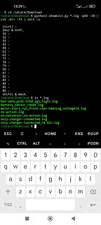 Terminal-Ausgabe eines Linux-Systems mit Python-Skript und Log-Dateien
