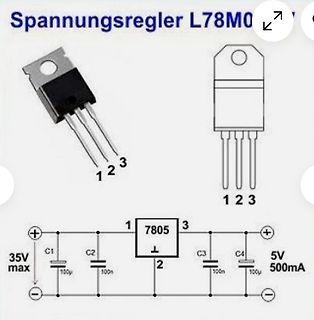 Schaltplan und Pinbelegung eines 7805 Spannungsreglers