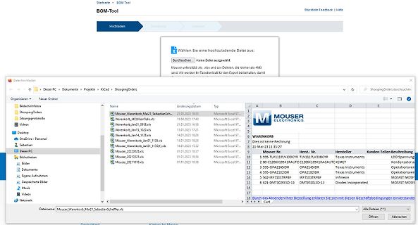 Screenshot eines Datei-Upload-Fensters und einer Excel-Tabelle
