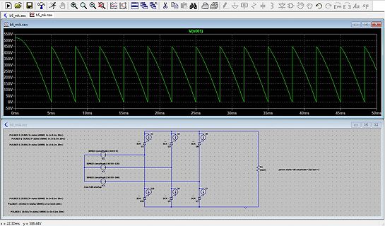 Screenshot einer Simulationssoftware mit Oszillogramm und Schaltplan