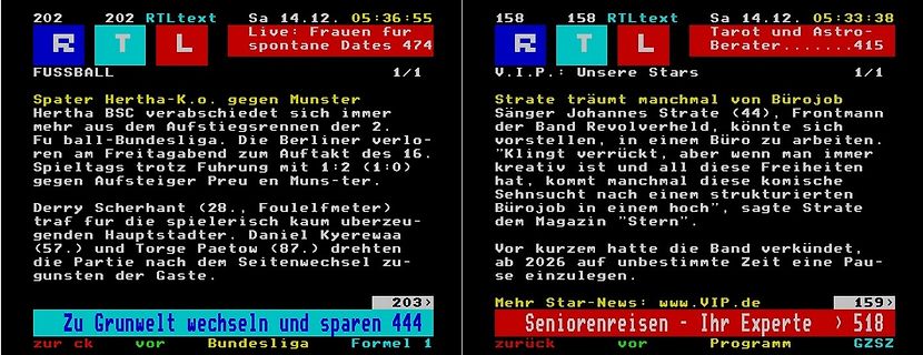 Screenshot eines alten Fernsehbildschirms mit Nachrichten und Sport