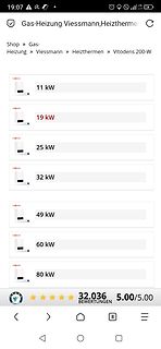 Screenshot einer Webseite mit Viessmann Heizthermen Leistungsstufen