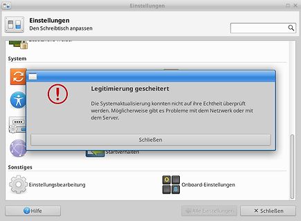 Fehlermeldung in einem Einstellungsmenü