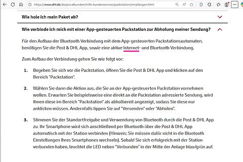 Hilfeseite zur Packstation Abholung