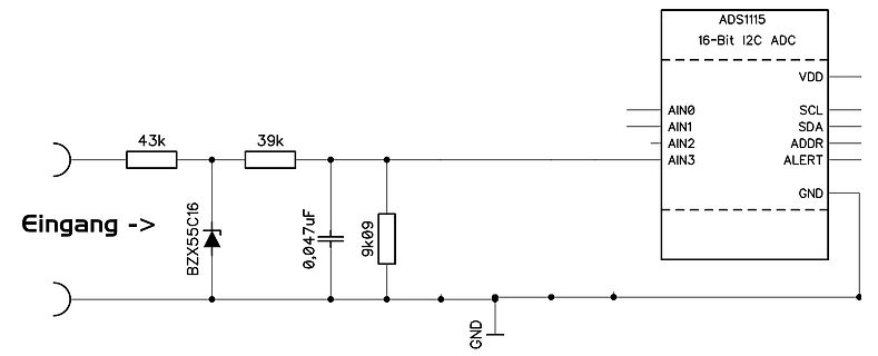 Schaltplan mit ADS1115 ADC und Zenerdiode