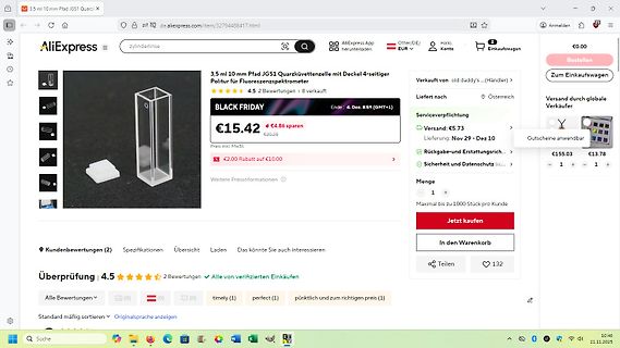 AliExpress Produktseite für eine Quarzküvetten