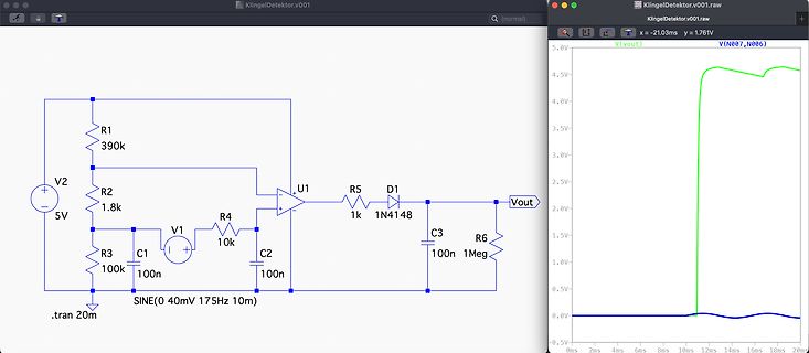 Schaltplan und Oszilloskop-Simulation eines Klingeldetektors
