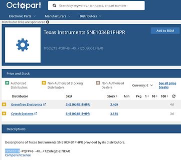 Octopart Produktseite für Texas Instruments SNE1034B1PHPR