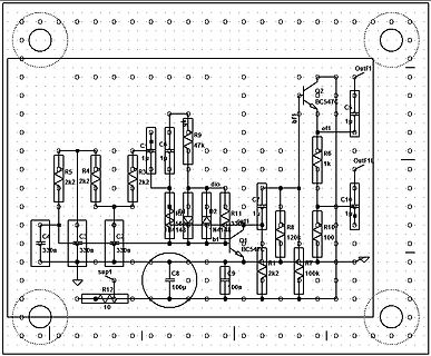 Schaltplan einer Elektronikschaltung auf Lochraster-Hintergrund