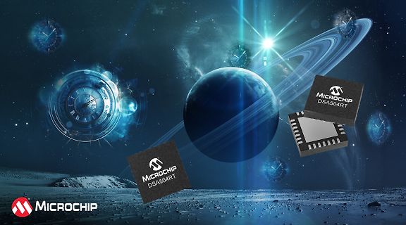 Werbebild für Microchip DSA504RT Chips im Weltraum-Design