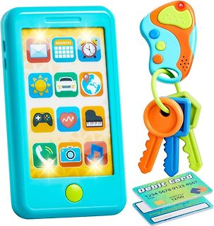Spielzeug-Smartphone mit Schlüsselbund und Debitkarte