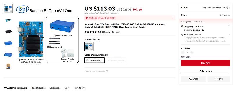 Screenshot eines AliExpress-Produktangebots für Banana Pi OpenWrt One