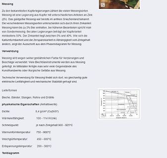 Informationstext und Phasendiagramm über Messing