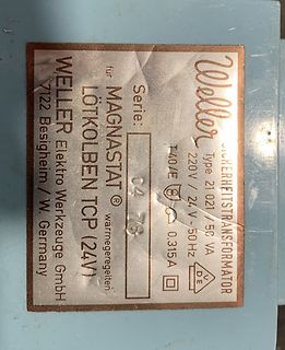 Typenschild eines Weller SicherheitsTransformators