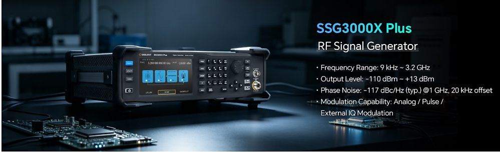 RF-Signalgenerator und Leiterplatte auf Arbeitstisch