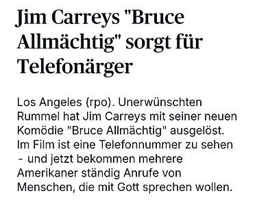 Zeitungsartikel über Jim Carreys Film Bruce Allmächtig