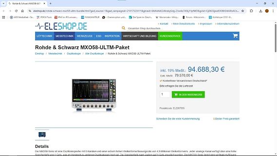 Webseite eines Online-Shops für Rohde & Schwarz Oszilloskop
