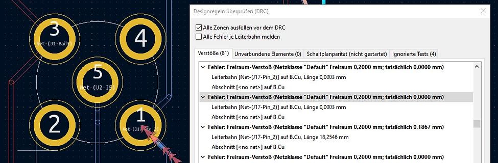 PCB-Layout mit DRC-Fehlermeldungen
