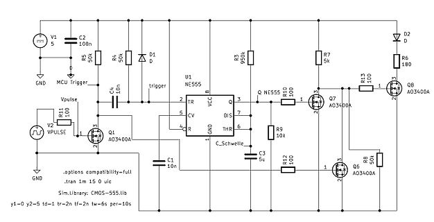 Schaltplan mit NE555 Timer und MOSFETs
