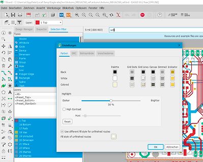 Screenshot der Autodesk EAGLE Software mit Einstellungen