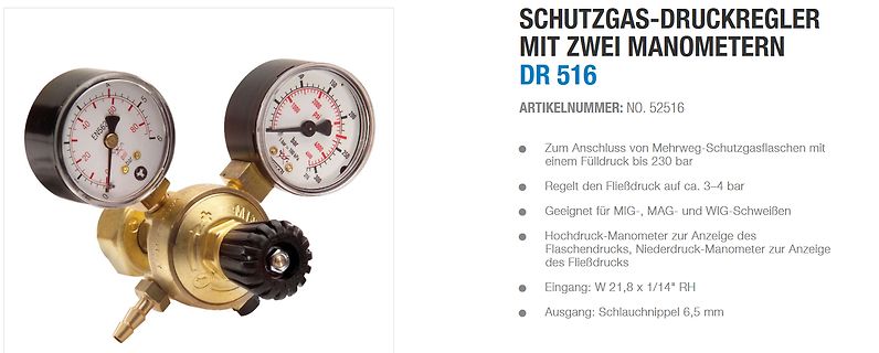Produktseite eines Schutzgas-Druckreglers DR 516
