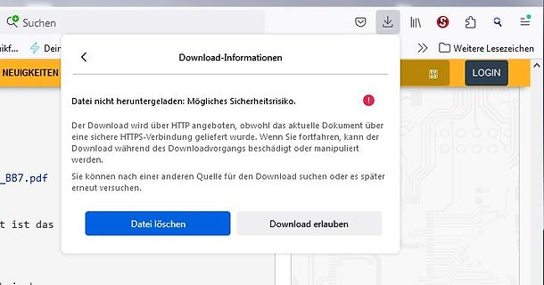 Browser-Warnmeldung zu einem unsicheren Download