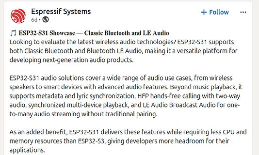 LinkedIn Post über ESP32-S31 Audio Funktionen