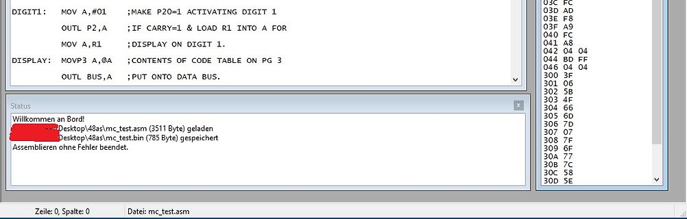 Assembler-Quellcode und Statusmeldung eines Compilers