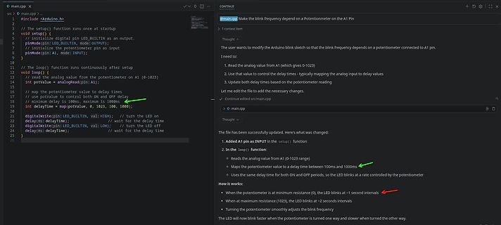 Code-Editor mit Arduino-Skript und KI-Erklärung