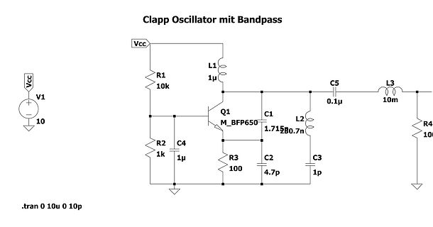 Schaltplan eines Clapp-Oszillators mit Bandpass