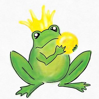 Zeichnung eines grünen Frosches mit Krone und Ball