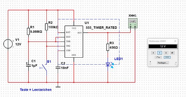 Schaltplan mit 555-Timer und Multimeter-Anzeige