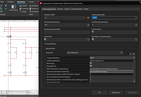 Software-Screenshot eines Schaltplans mit Eigenschaften-Dialog