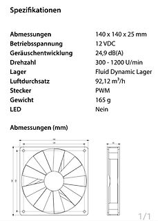 Spezifikationen und technische Zeichnung eines Lüfters