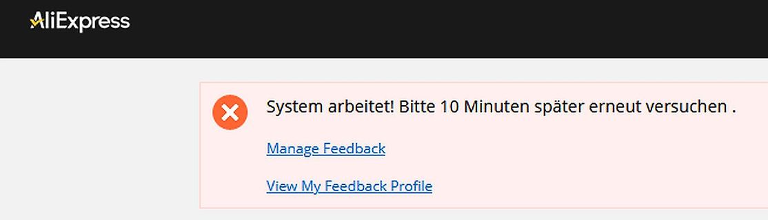 Fehlermeldung auf AliExpress Webseite