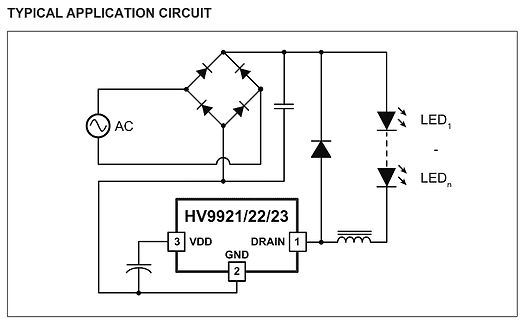 Schaltplan eines LED-Treibers mit HV9921/22/23