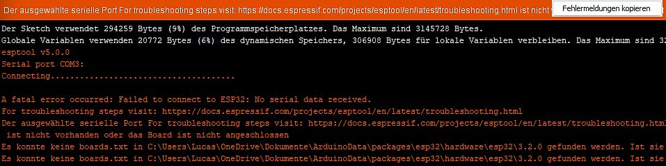 Fehlermeldung beim Flashen eines ESP32 via Arduino IDE
