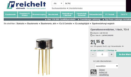 Webshop-Screenshot von Reichelt Elektronik mit Operationsverstärker