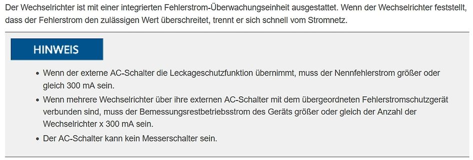Textabschnitt zu Wechselrichtern und Fehlerstromschutz