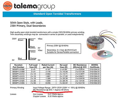 Datenblatt eines toroidalen Transformators