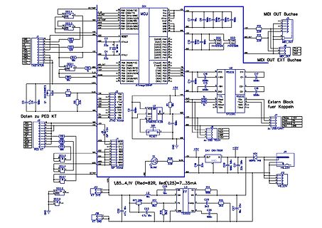 Schaltplan einer Mikrocontroller-Schaltung mit MIDI-Schnittstelle