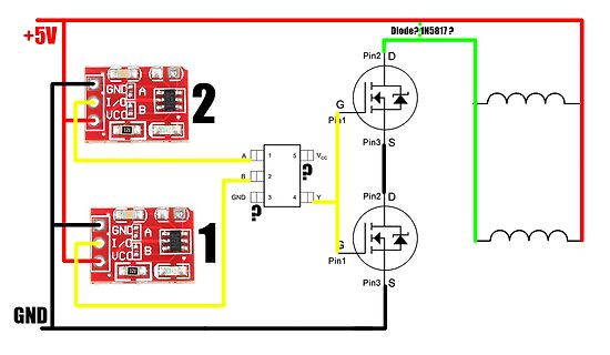 Schaltplan mit MOSFETs, Induktivitäten und Mikrocontroller-Modulen