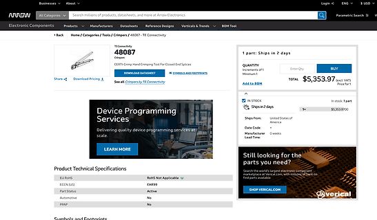 Produktseite für TE Connectivity Crimper 48087 bei Arrow Electronics