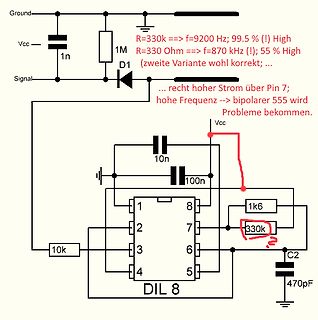 Schaltplan eines 555-Timers mit Frequenzberechnungen