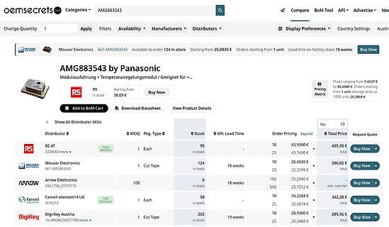 Screenshot einer Webseite eines Elektronik-Distributors