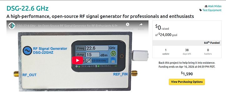 Screenshot einer Crowdfunding-Seite für einen RF Signal Generator