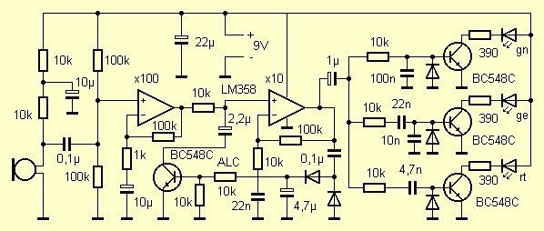 Schaltplan einer Audio-Schaltung mit LM358 und Transistoren
