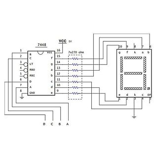 Schaltplan eines 7448-Dekoders mit 7-Segment-Anzeige