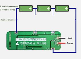 Schaltplan einer 12.6V Batteriemanagement-Platine mit Batterien