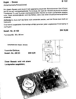 Produktseite eines Kojak-Sirenen Bausatzes mit Schaltplan und Foto